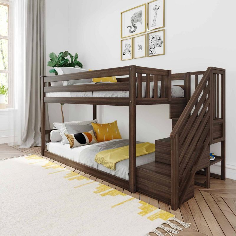 Walnut Twin Over Twin Bunk Bed with Stairs and Storage