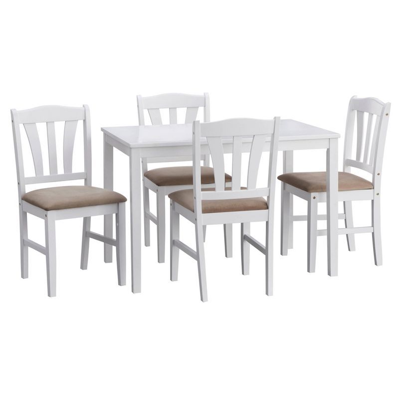 White Rubberwood 5-Piece Dining Set with Beige Microfiber Seats