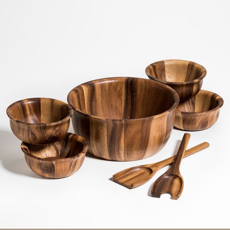 Kalmar Home Large Acacia Wood Salad Bowl Set with Servers and 4 Bowls