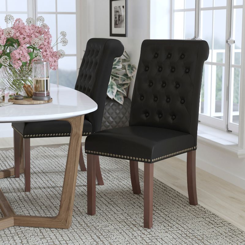 Black Leather Upholstered Parsons Side Chair with Wood Legs