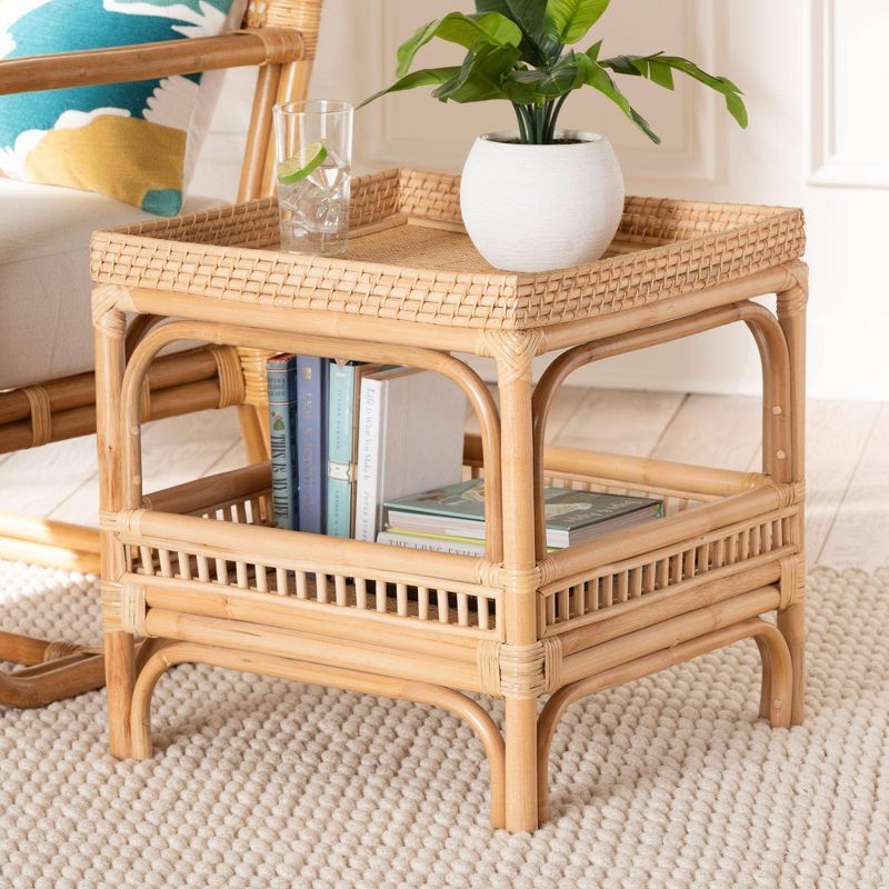 Natural Rattan Bohemian Square End Table with Shelf