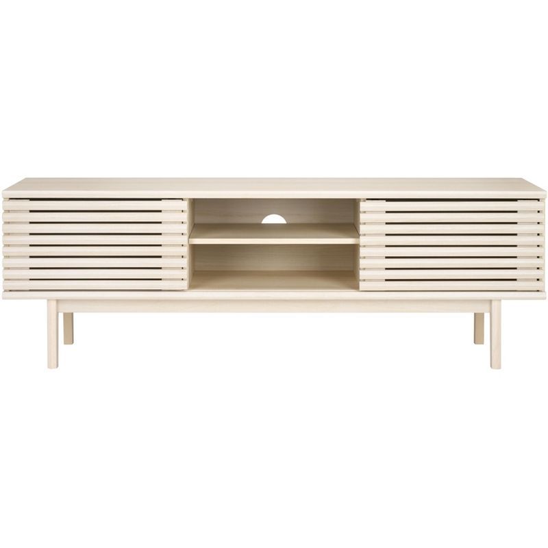 Bleached White Slatted Wood Media Stand with Cabinet