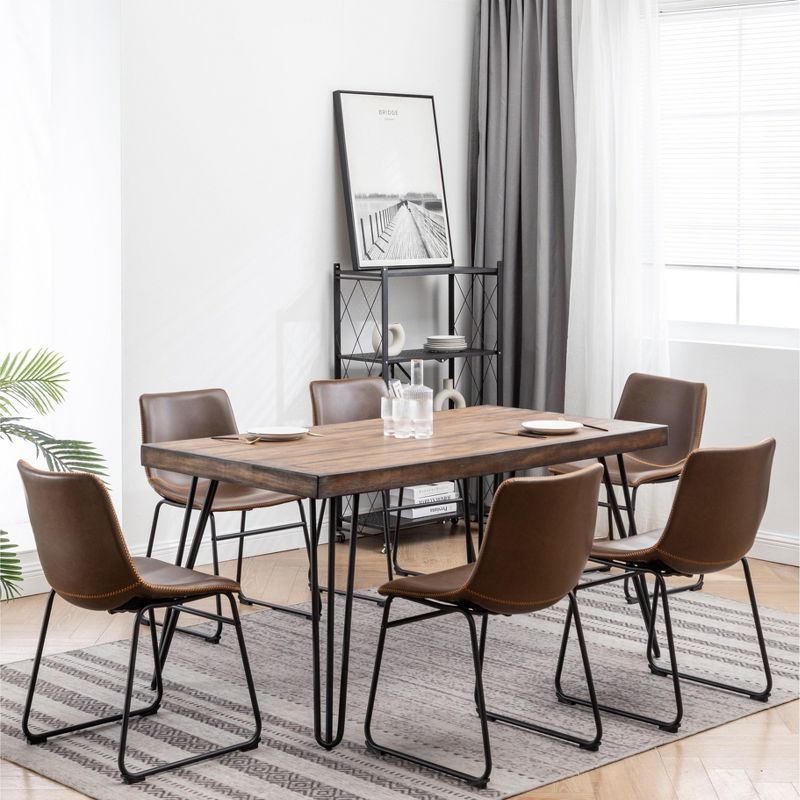 Aryven Industrial 7-Piece Dining Set with Rustic Dark Pine Table and Brown Faux Leather Chairs