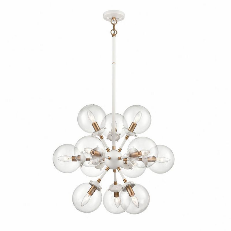 Matte White and Satin Brass Sputnik Chandelier with Clear Glass Shades