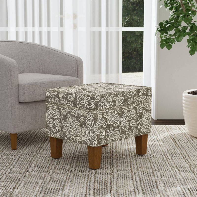 Brown Jacobean Print Upholstered Storage Ottoman with Hinged Lid