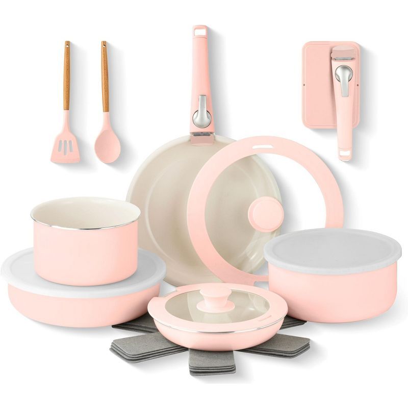 18 Piece Pink Aluminum Ceramic Nonstick Cookware Set with Detachable Handles