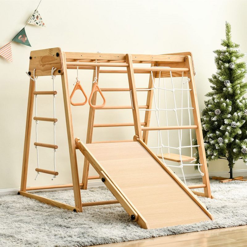 Natural Wood 8-in-1 Indoor Jungle Gym with Slide and Swing