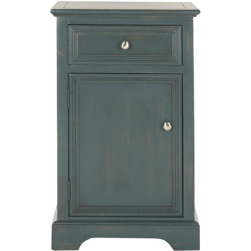 Transitional Blue-Gray Pine Wood Nightstand with Metal Accents and Storage