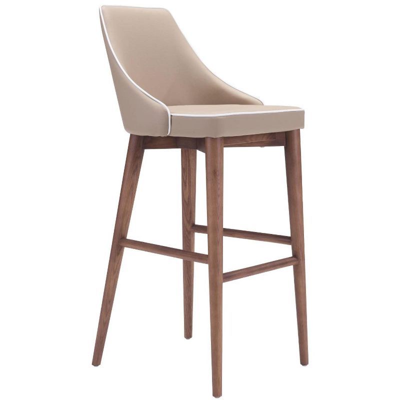 Beige Faux Leather and Walnut Wood Bar Stool