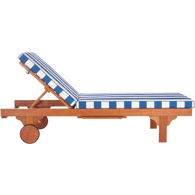 Natural Eucalyptus Wood Chaise Lounge with Blue and White Cushions