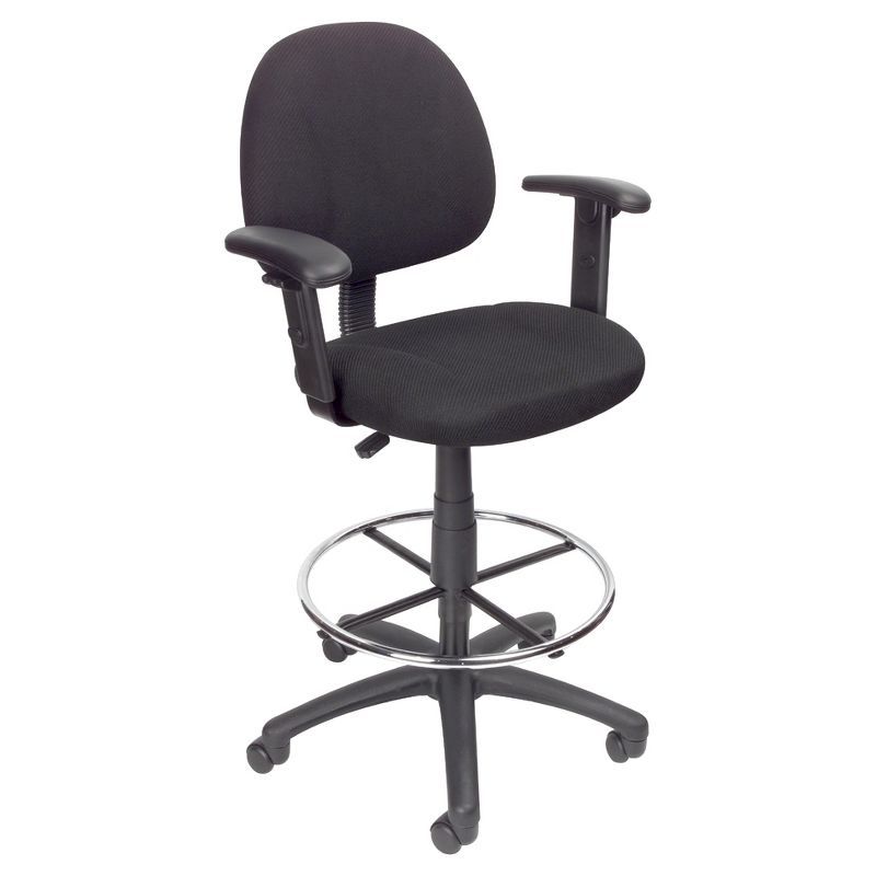 ErgoComfort Black Tweed Drafting Stool with Adjustable Arms and Chrome Footring