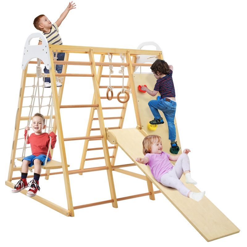 Natural Wood 8-in-1 Indoor Jungle Gym Playset with Slide