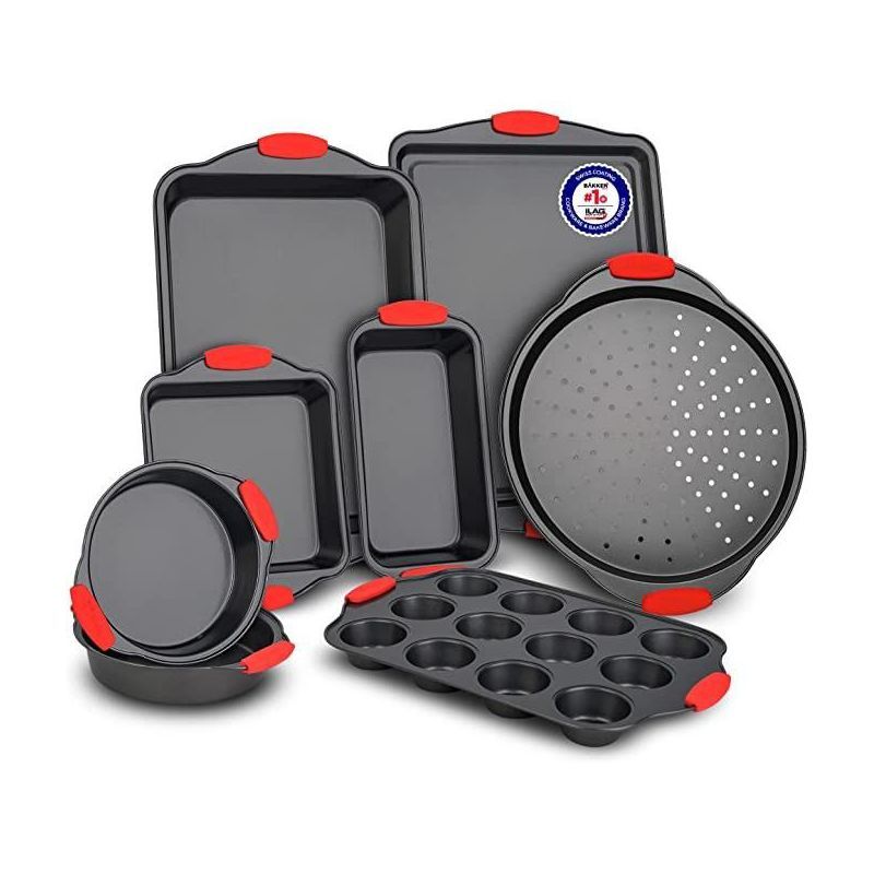 Deluxe 8-Piece Non-Stick Carbon Steel Bakeware Set with Red Silicone Handles