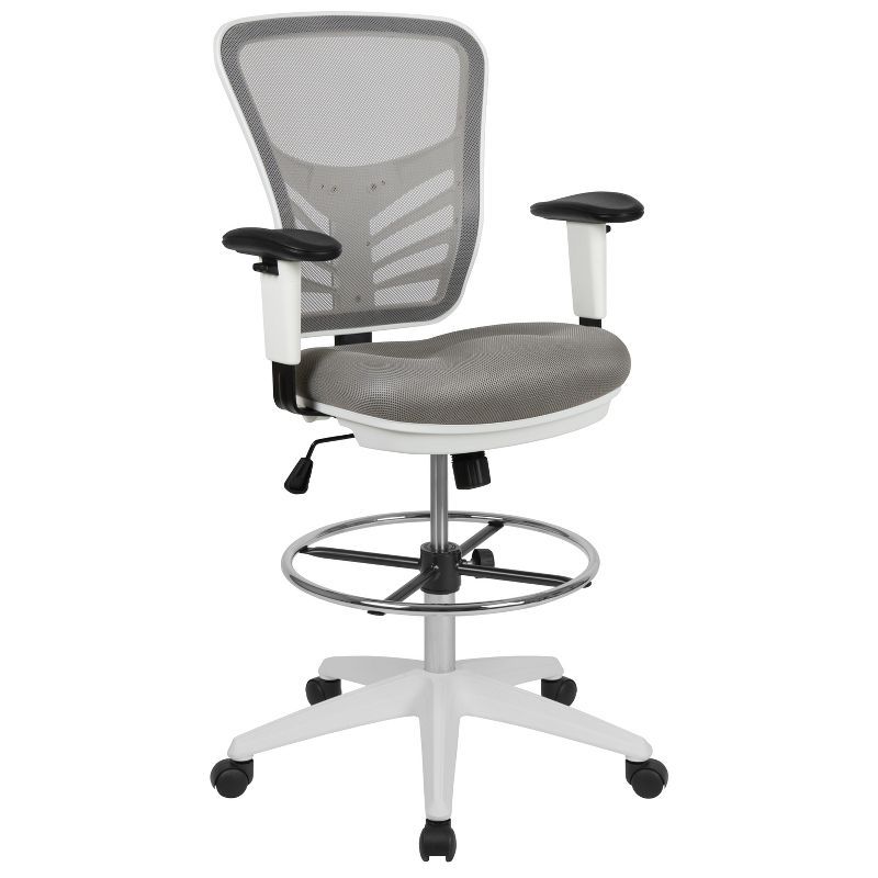 ErgoFlex Light Gray Mesh Drafting Chair with White Frame and Chrome Accents