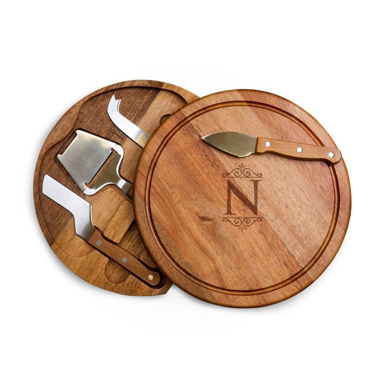 Monogrammed Acacia Wood Round Cheese Board and Tools Set