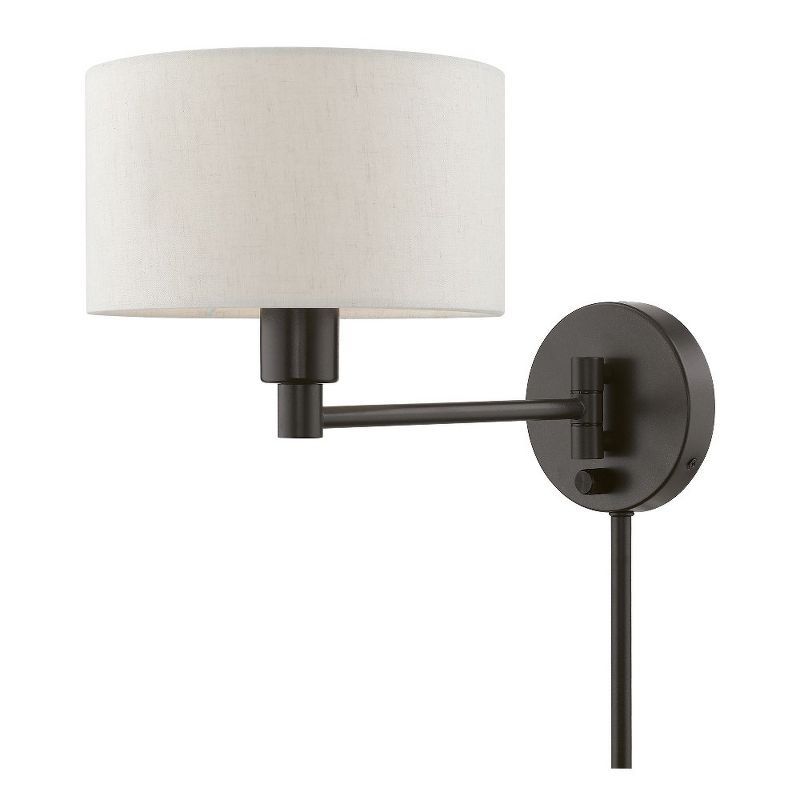 English Bronze Swing Arm Wall Lamp with Oatmeal Shade