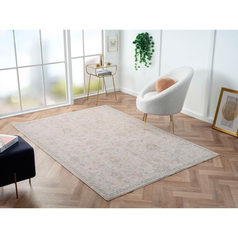 Silver Floral Rectangular Wool and Synthetic Area Rug 3'x5'