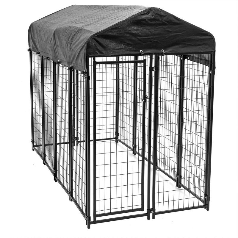 Black Steel Frame Outdoor Dog Kennel with Waterproof Canopy