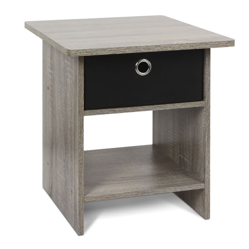 French Oak Grey and Black Square Wood End Table with Storage Bin