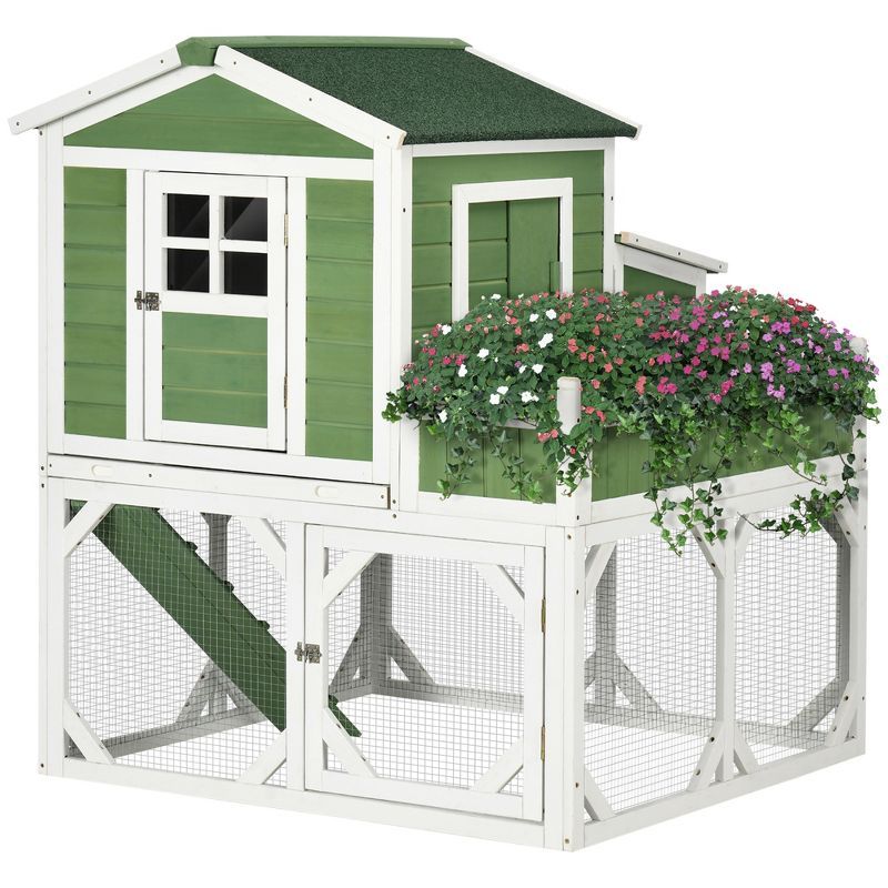 Green and White Wooden Chicken Coop with Planter Box