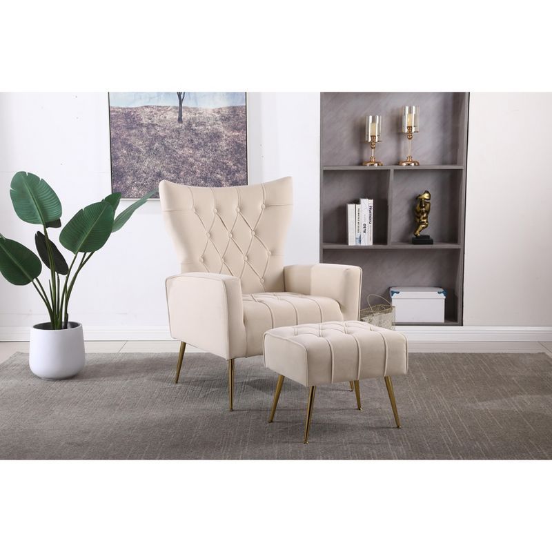 Beige Velvet Upholstered Accent Chair with Ottoman