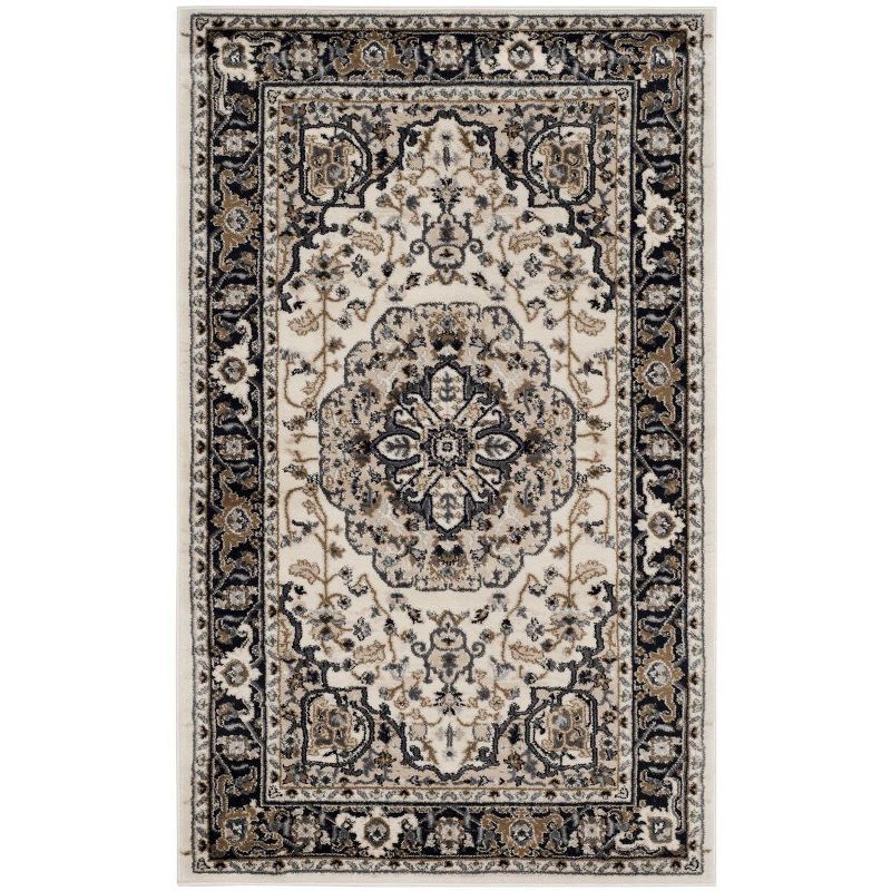 Cream and Navy Traditional Floral Rectangular Area Rug