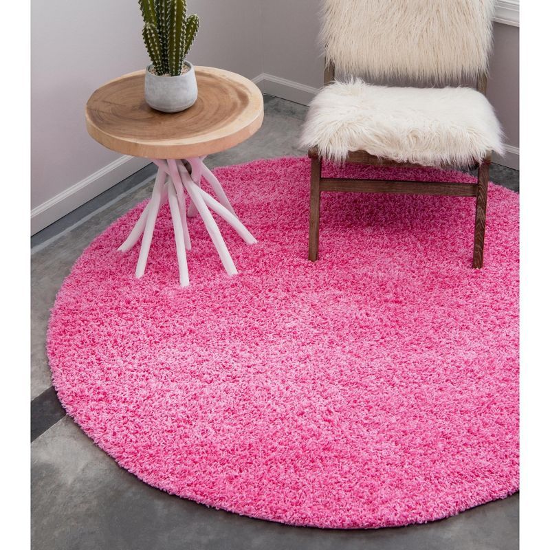 Round Pink Shag Washable Kids Area Rug