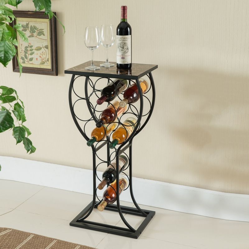 Black Metal Wine Rack with Marble Finish Top for 11 Bottles