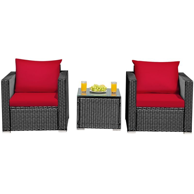 Red Cushioned Black Rattan 3-Piece Patio Conversation Set