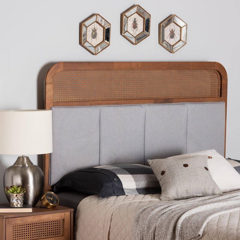 Esti King Walnut and Gray Upholstered Headboard with Rattan