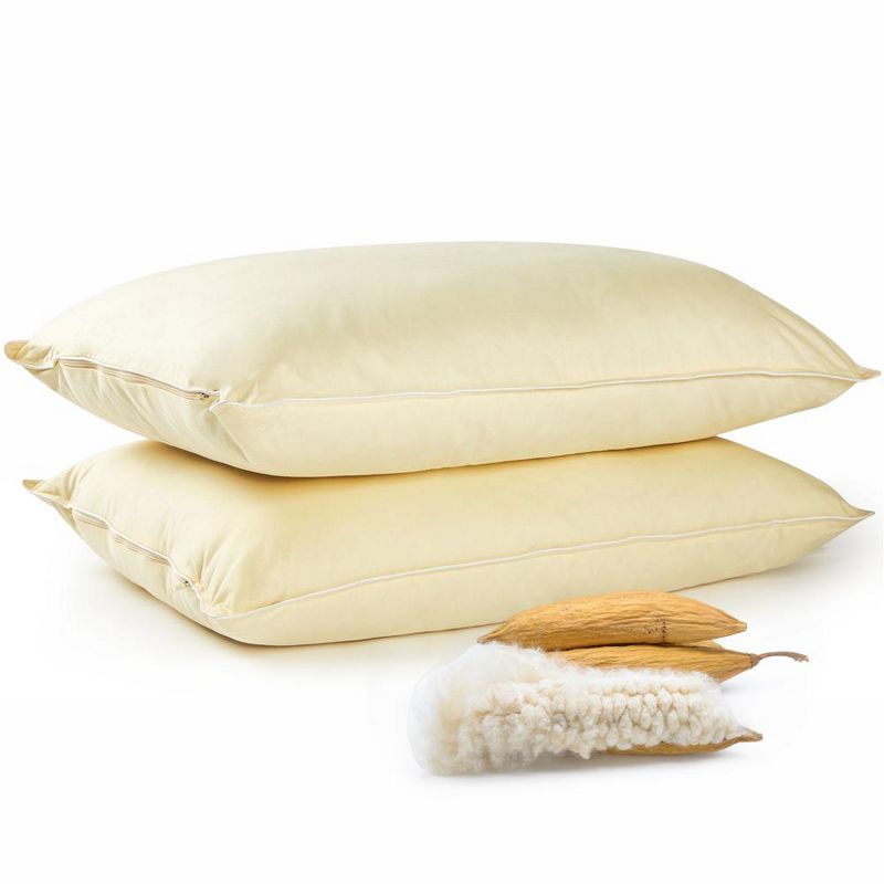 Set of 2 Yellow Organic Kapok Bed Pillows with Cotton Shell