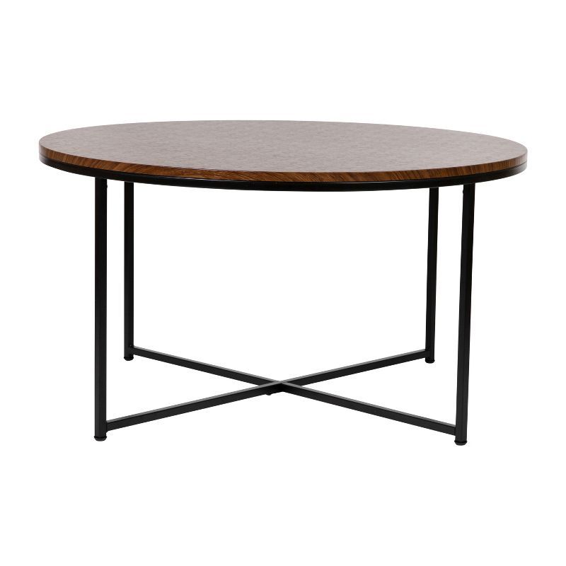 Walnut Finish Round Coffee Table with Matte Black Metal Frame