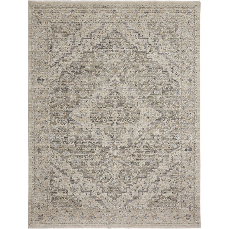 Ivory Taupe Floral Synthetic Round Washable Rug