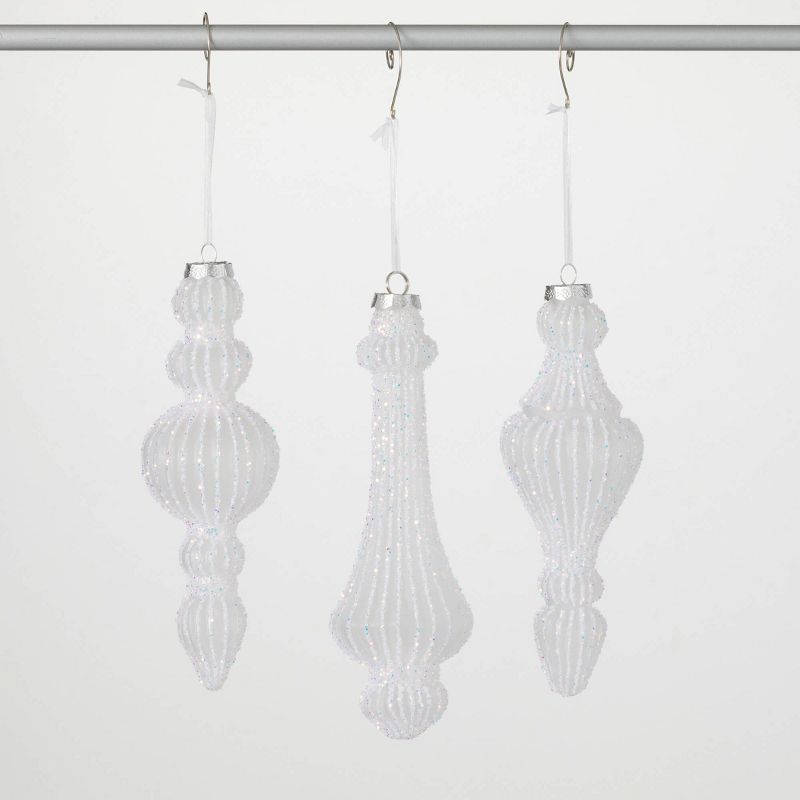 Opaque White Ribbed Glass Finial Ornaments Set of 3