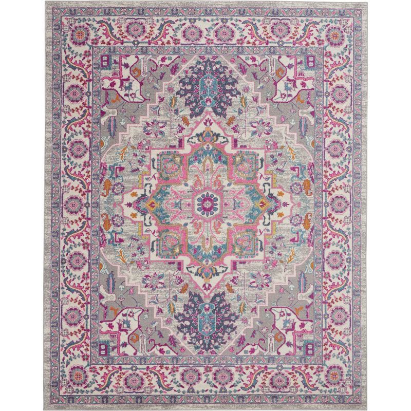 Light Grey and Pink Geometric Synthetic 8' x 10' Area Rug