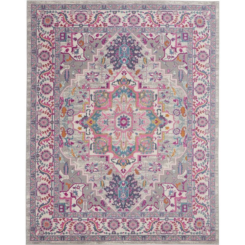 Light Grey and Pink Geometric Synthetic 8' x 10' Area Rug