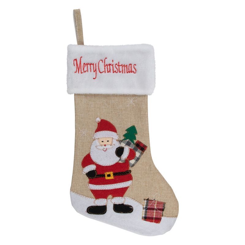 Beige and Red Burlap Santa Christmas Stocking with Merry Christmas Cuff