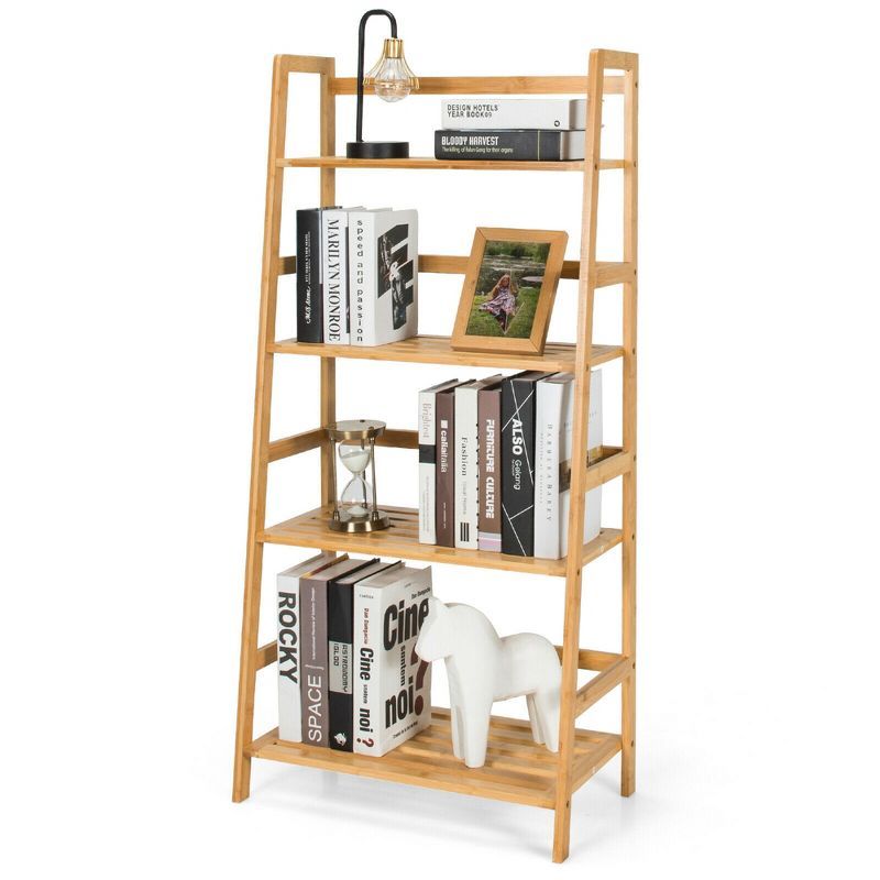 Natural Bamboo 4-Tier Ladder Bookshelf and Plant Stand