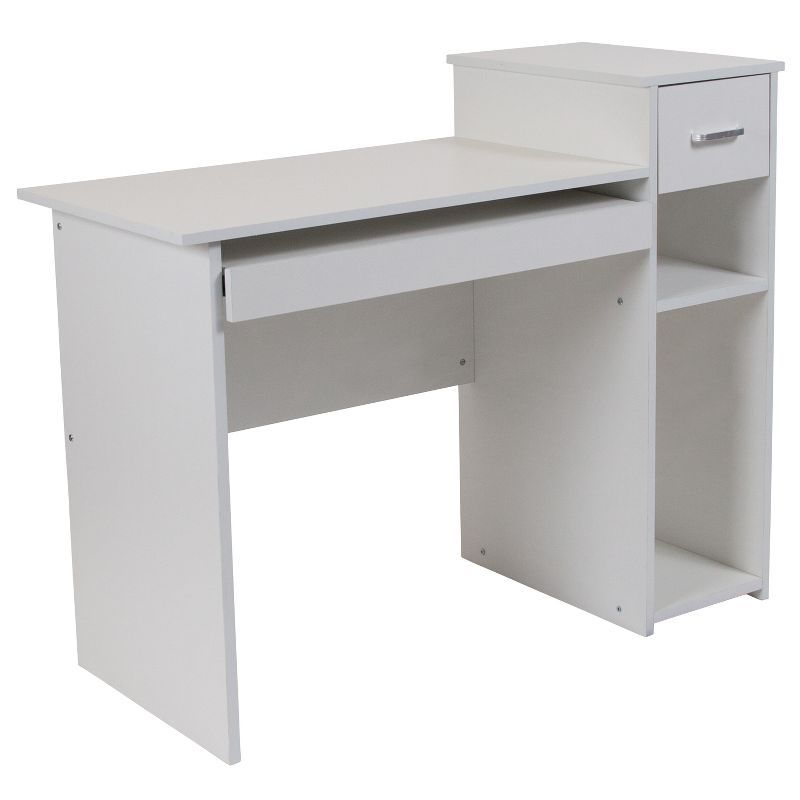 White Wood Computer Desk with Drawer and Keyboard Tray