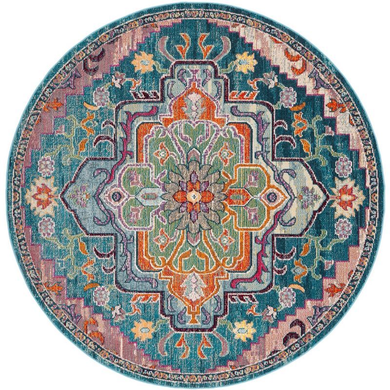 Teal and Rose Round Oriental Synthetic Area Rug