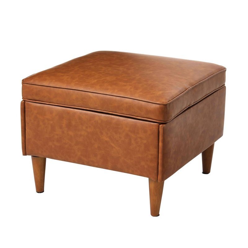 Atley Cognac Vegan Leather Storage Ottoman with Solid Wood Legs