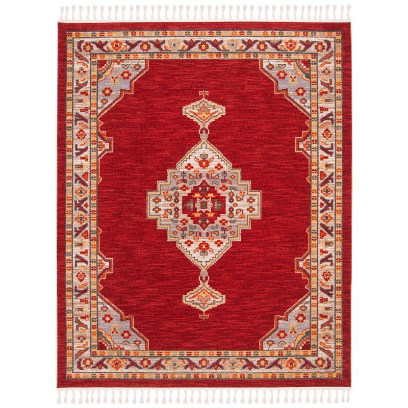 Handmade Rectangular Creme and Red Cotton Area Rug 9' x 12'