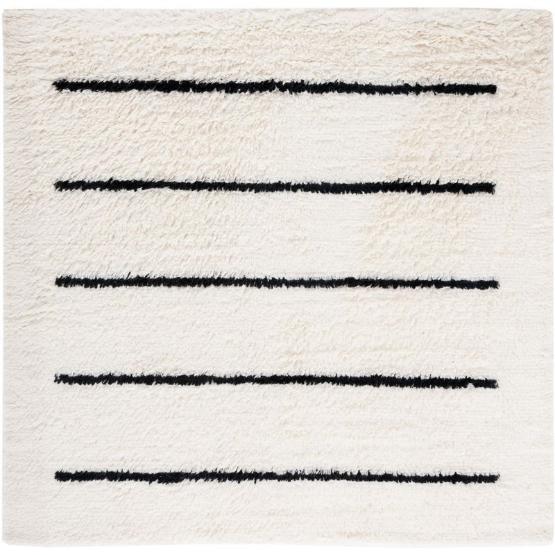 Hand-Knotted Black and Ivory Stripe Wool Square Rug - 7'