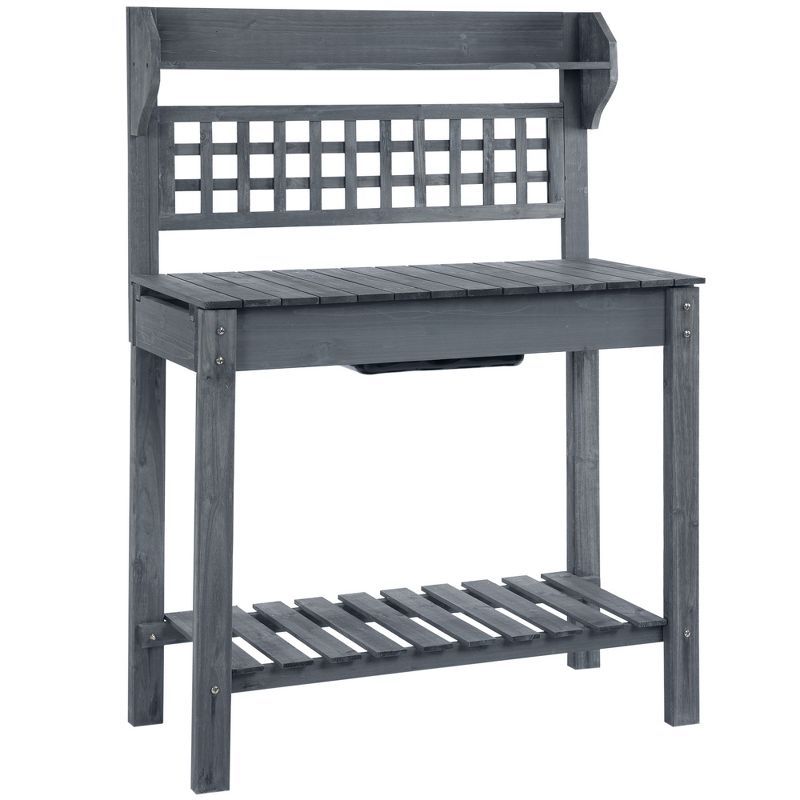 Gray Wooden Garden Potting Bench with Sliding Tabletop and Storage