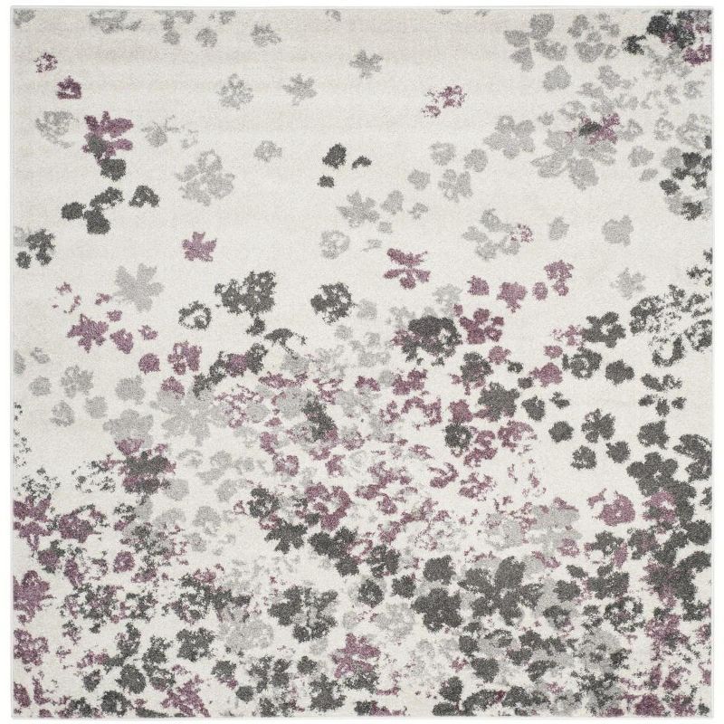 Ivory and Purple Floral Synthetic Square Area Rug, 4' x 4'