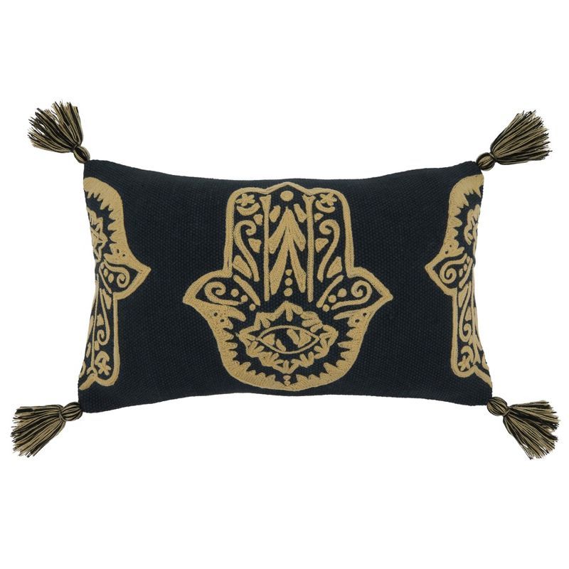 Black and Gold Hamsa Hand Embroidered Lumbar Pillow