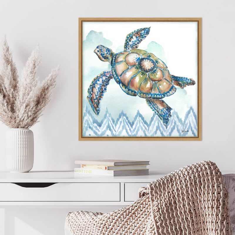 Boho Shells I Sea Turtle Watercolor Canvas Print with Maple Frame