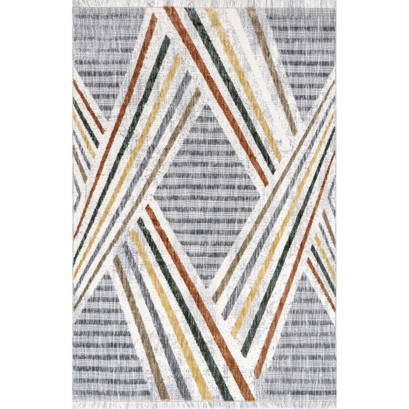 Edna Light Gray Striped Synthetic Area Rug, 5' x 8'