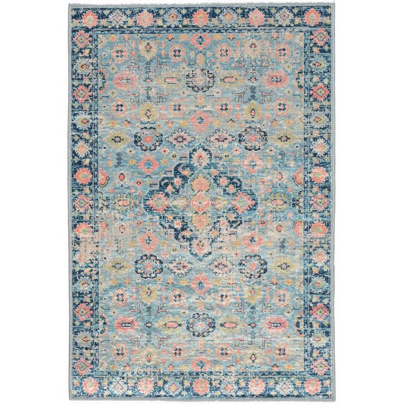 Ivory and Blue Rectangular Silk-Look Synthetic Rug, 2'2" x 3'2"