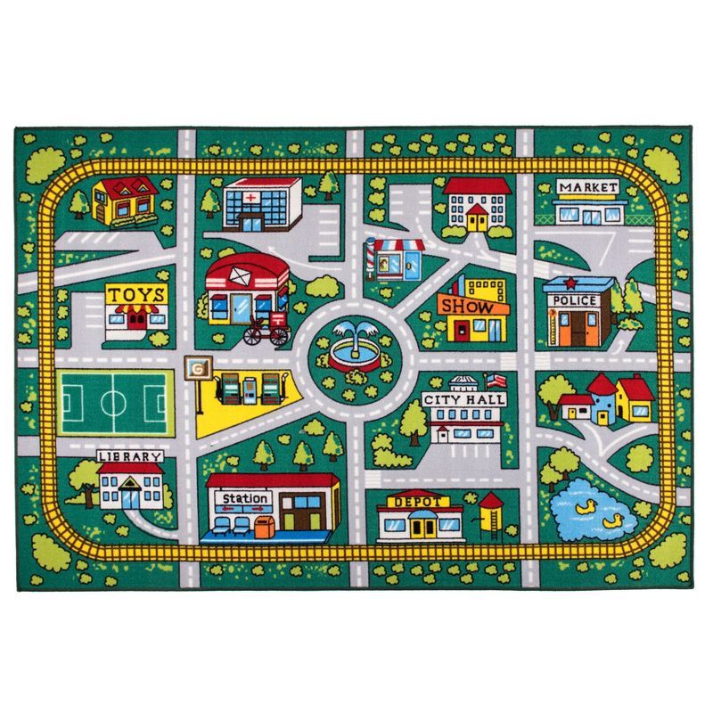 Green Synthetic Kids Educational City Life Road Area Rug 5' x 7'